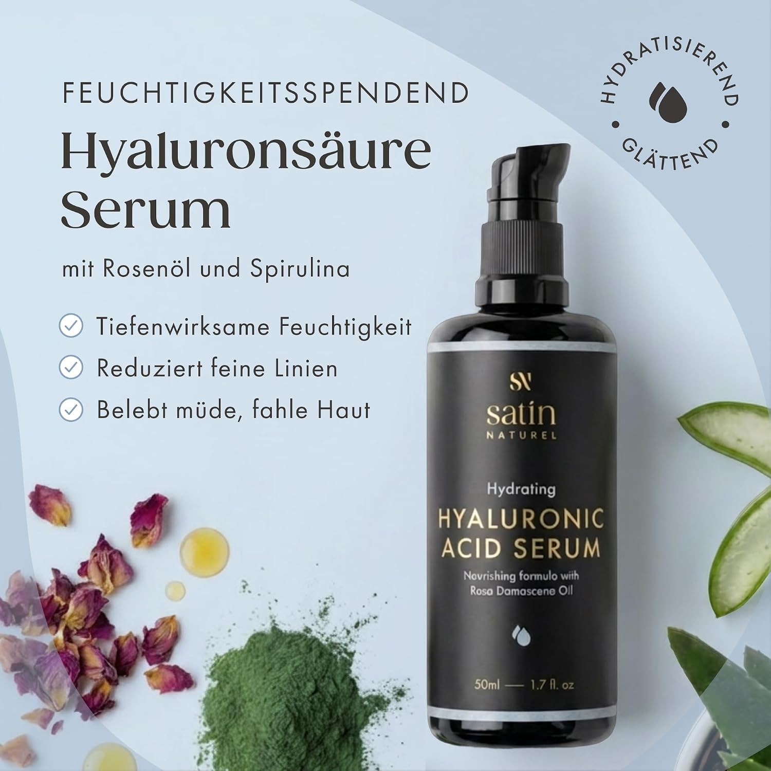 Detalle de Satin Naturel Hyaluron Serum hochdosiert (50 ml) – Bio-Hyaluronsäure Anti-Aging Feuchtigkeitsserum vegan