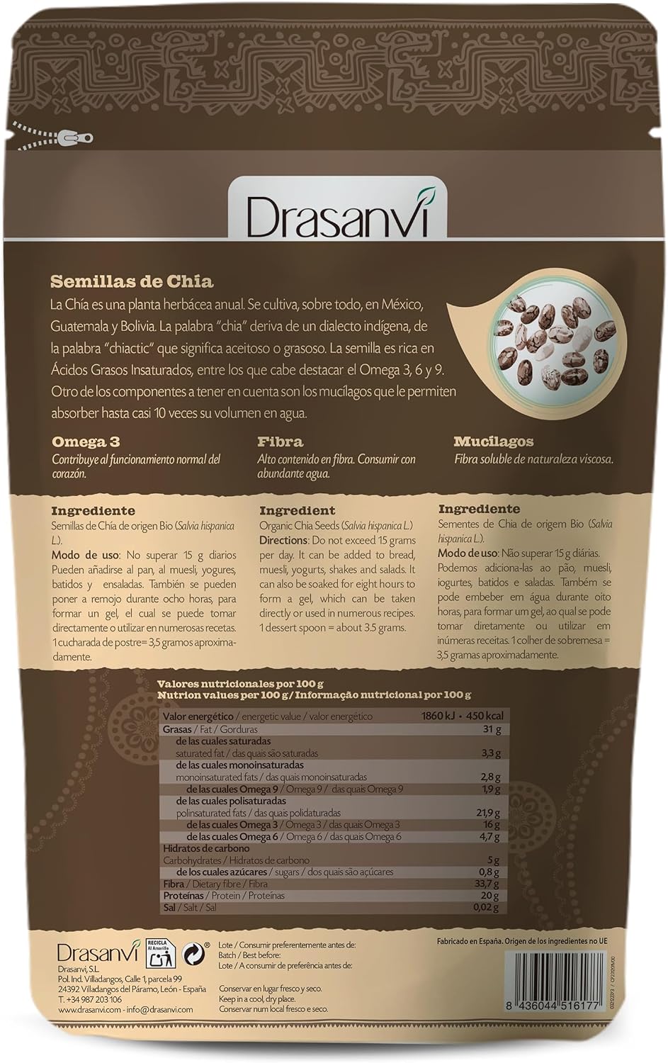 Detalle 2 de DRASANVI Semilla de Chía Orgánica 🥄 Rica en Omega 3, 6, 9