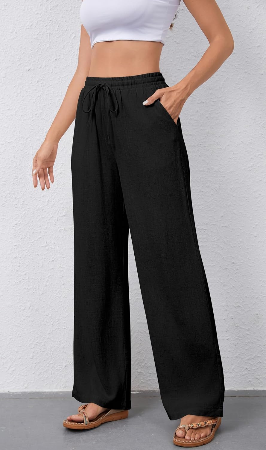 Detalle de hellobaby Women's Cotton-Linen Palazzo Pants, Wide Leg with Drawstring Waist
