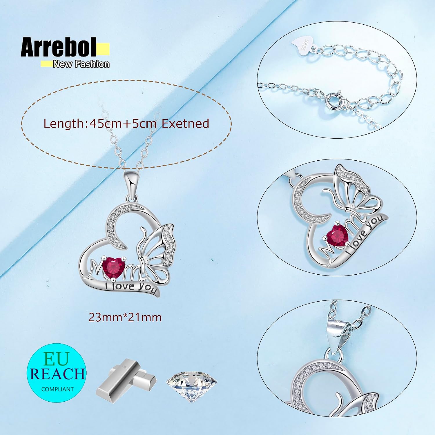 Detalle de Arrebol Collier pour Femme en Argent Sterling 925 – Pendentif cœur papillon, réglable 45 cm + 5 cm