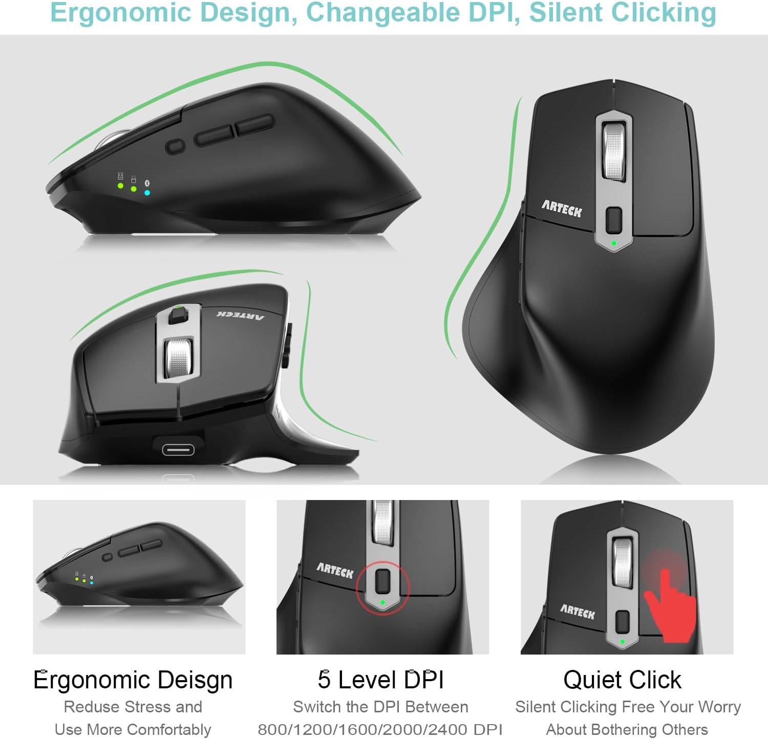 Thumbnail 2 de Arteck MD172 Multi-Device Wireless Bluetooth Mouse (Nano USB-A & USB-C receivers) – silent, rechargeable ergonomic right-hand mouse