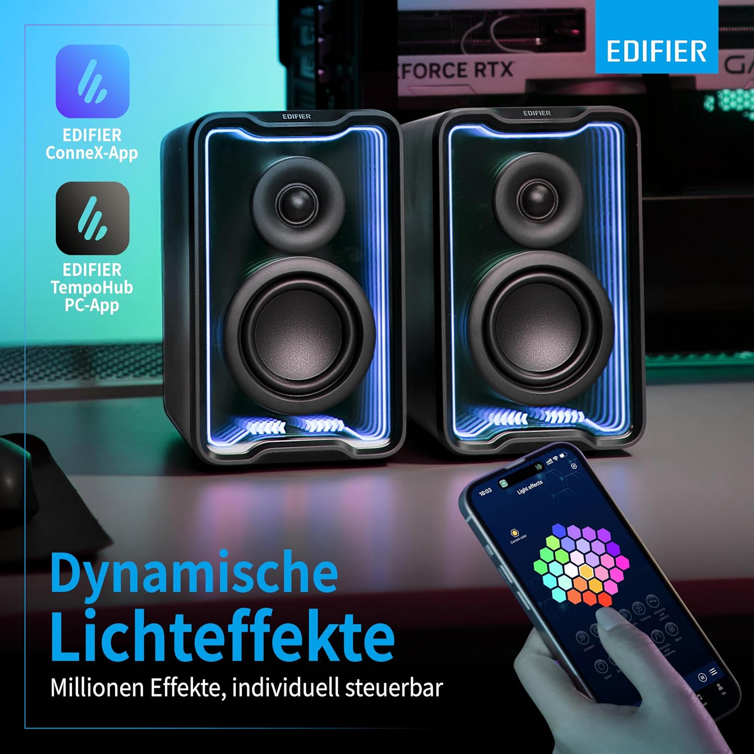 Detalle 2 de Edifier QR30: Aktiver Desktop‑Lautsprecher mit Bluetooth 5.4, 30 W RMS, dynamische Lichteffekte