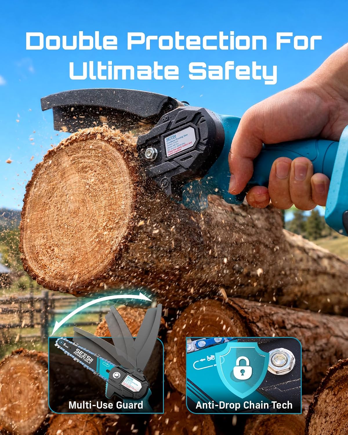 Thumbnail 6 de Seesii Mini Chainsaw (6-inch, Cordless) With 2 Batteries — Handheld Power Chain Saw for Tree Trimming and Wood Cutting