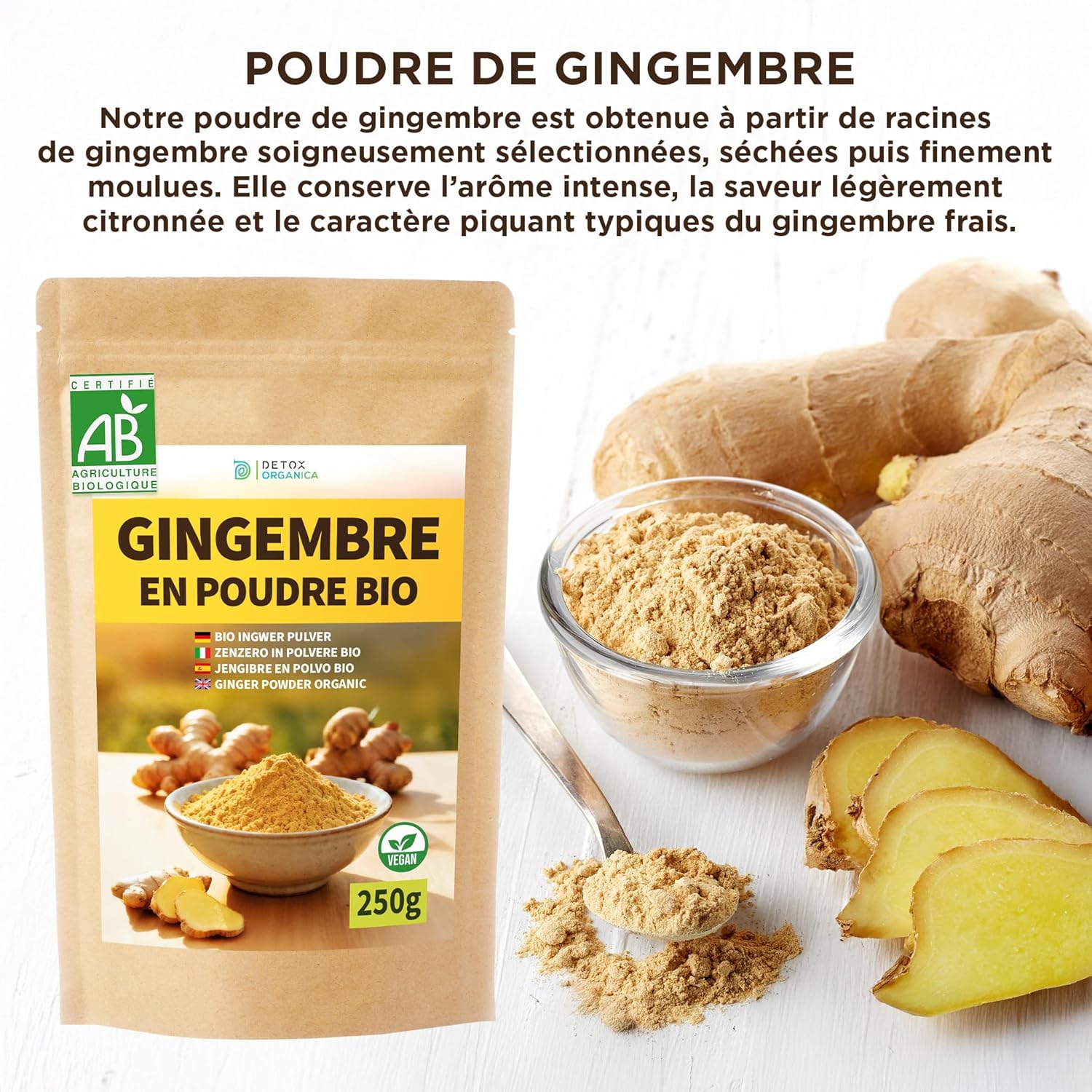 Thumbnail 1 de DETOX ORGANICA Gingembre en poudre BIO 250 g (100% pur, racine moulue) – sachet refermable