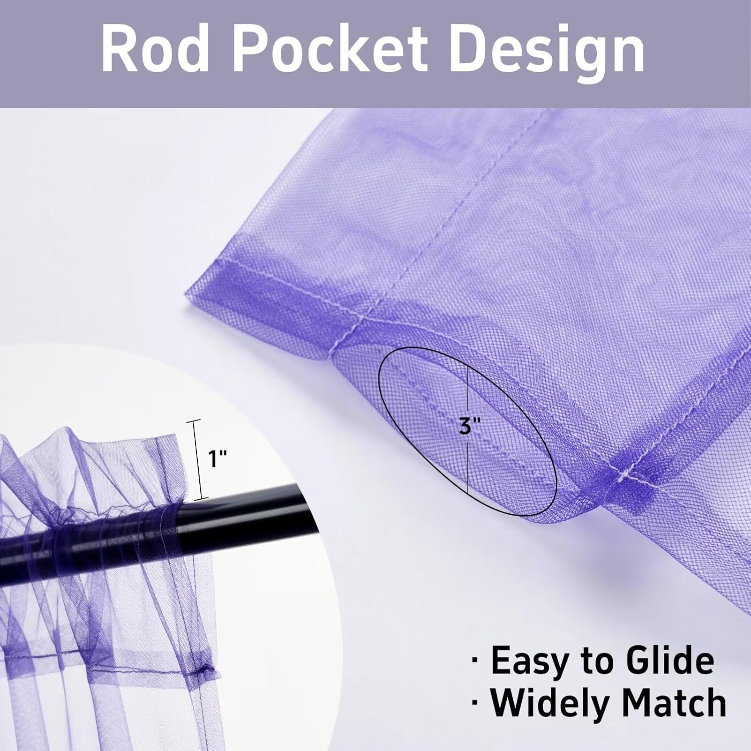 Detalle de Pacok Purple Voile Curtains, 72in Drop Net Curtain for Windows – W56 x L72 (142 x 183 cm) Purple