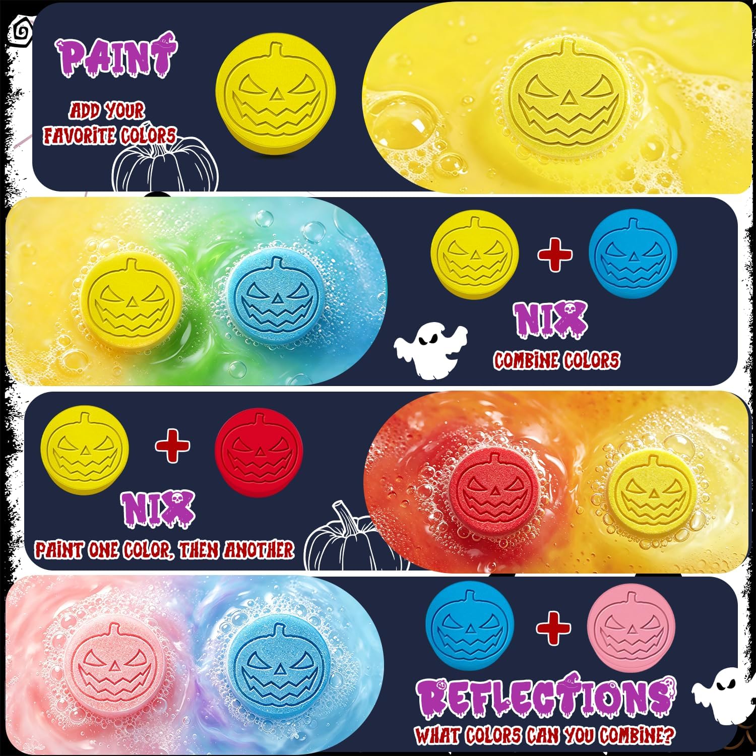 Detalle 2 de Suyfeifan Halloween Bath Colour Tablets, 180-Pack, 9 Colours, Grape Scent