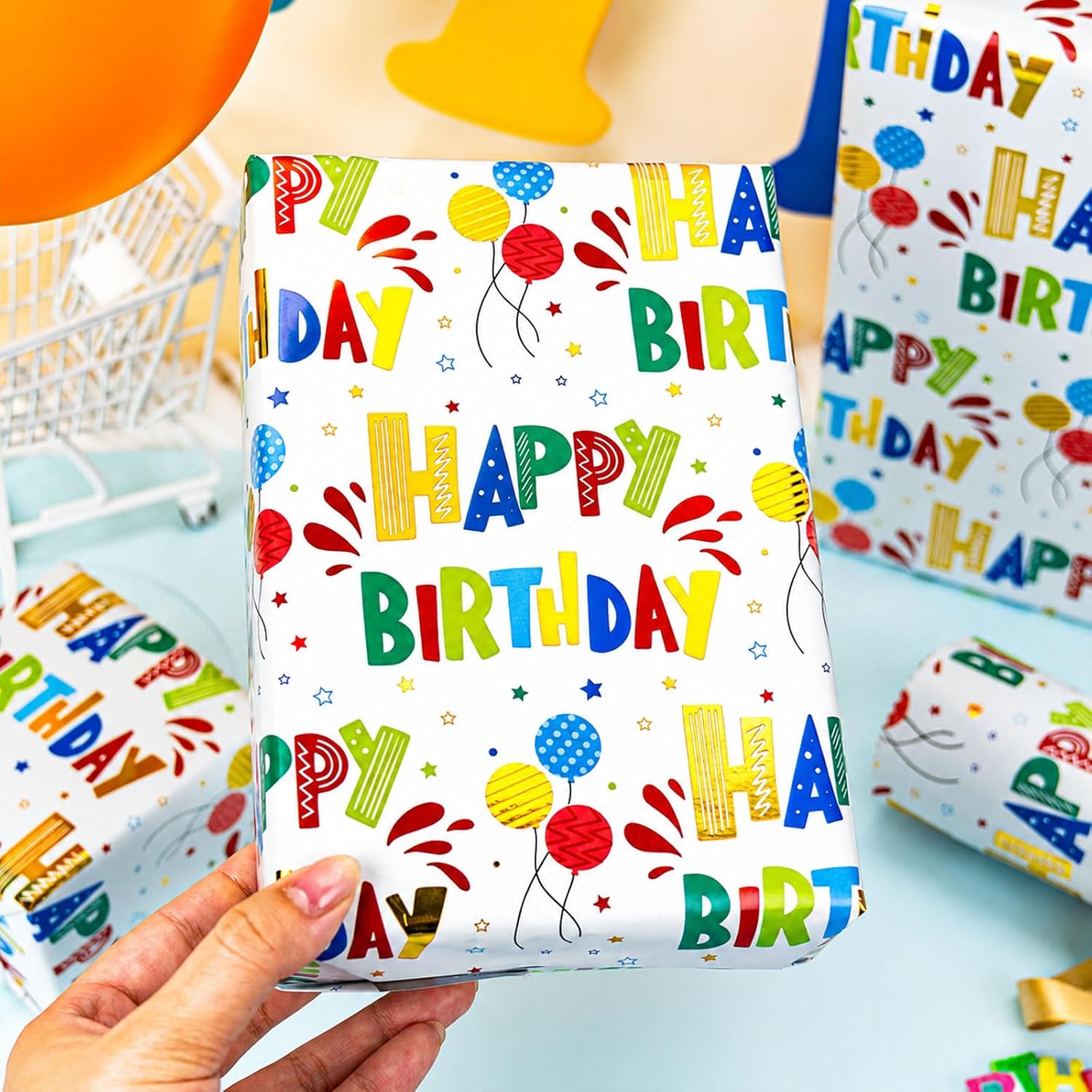 Thumbnail 3 de Burymento Birthday Wrapping Paper Roll – Colorful Gold Foil with Balloons & Stars (17 in x 32.8 ft)