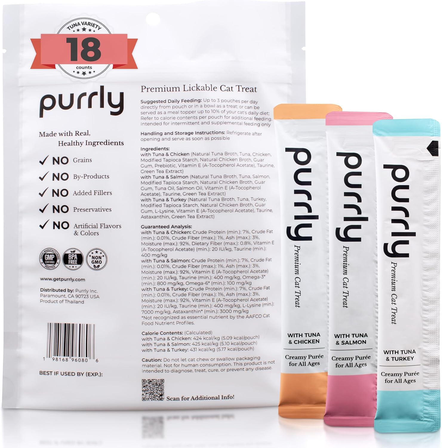 Thumbnail 6 de Purrly Tuna Variety Lickable Cat Treats, 18-Count Squeezable Pouches