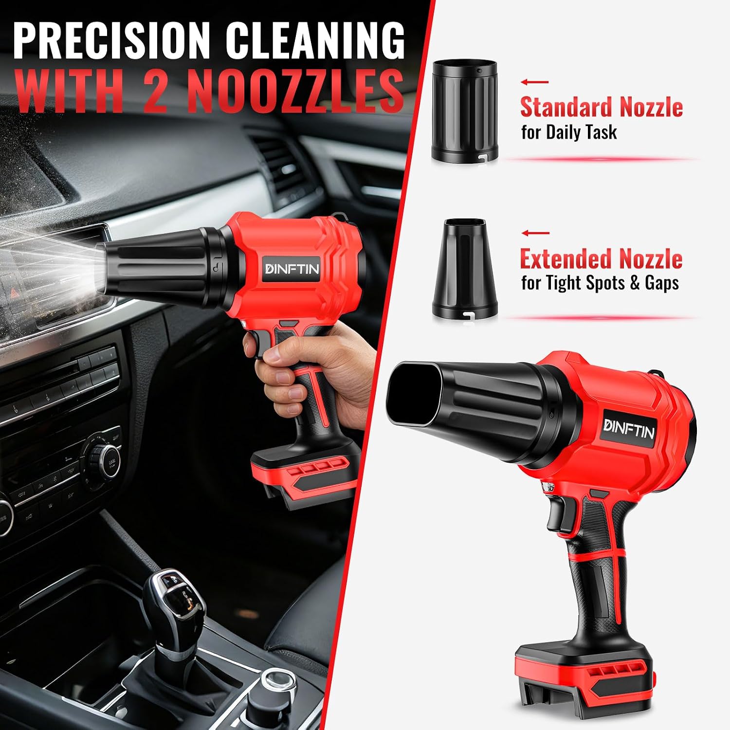 Detalle de Dinftin BL-BFJ-M01 Cordless Leaf Blower, 125 MPH, 430 CFM, Two Nozzles