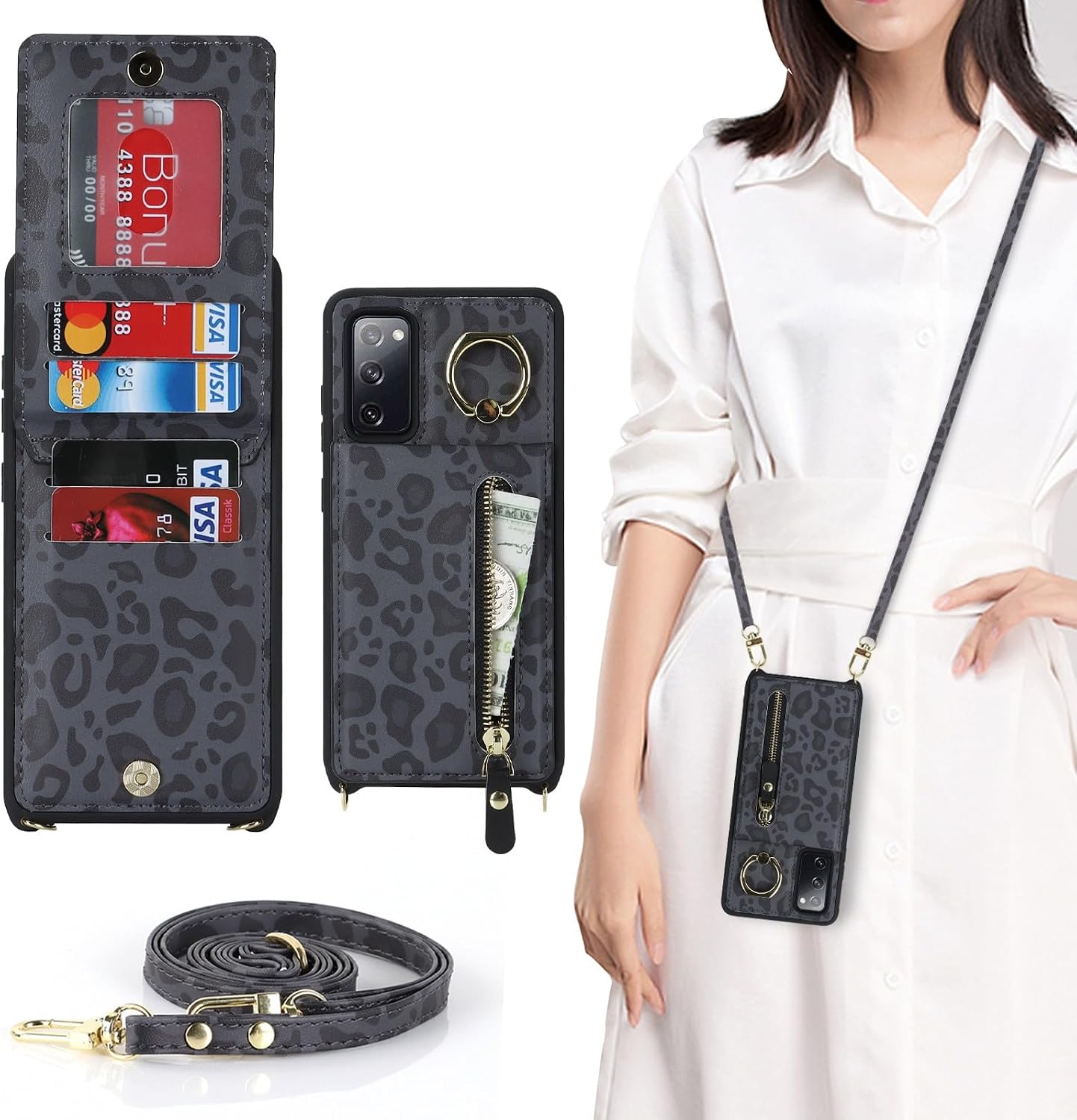 Detalle de Zouzt Wallet Case with Cord and Card Holder for Samsung Galaxy S20 FE (Black Leopard)