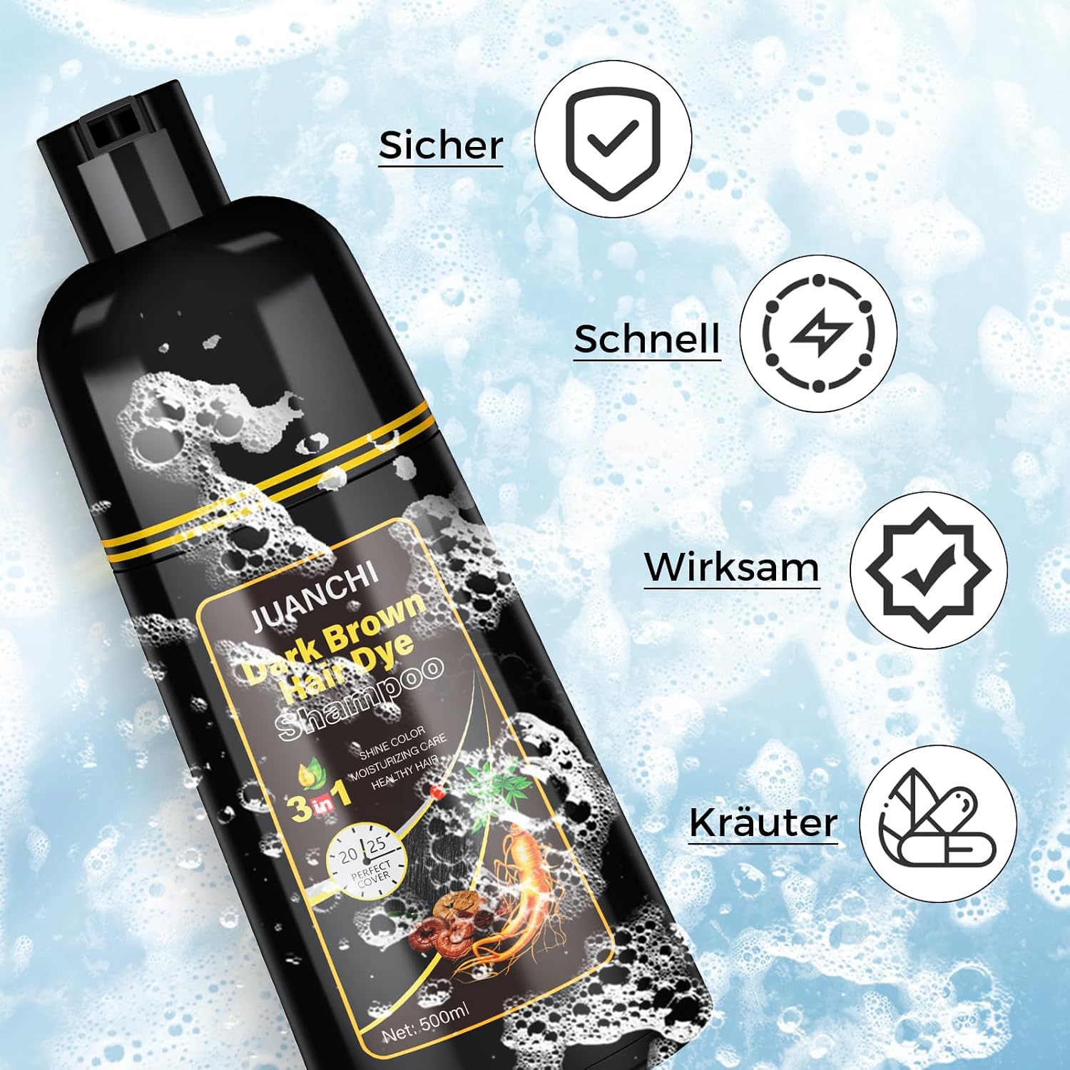 Detalle 2 de JUANCHI Dunkelbraunes Haarfärbeshampoo für Graues Haar – 500 ml