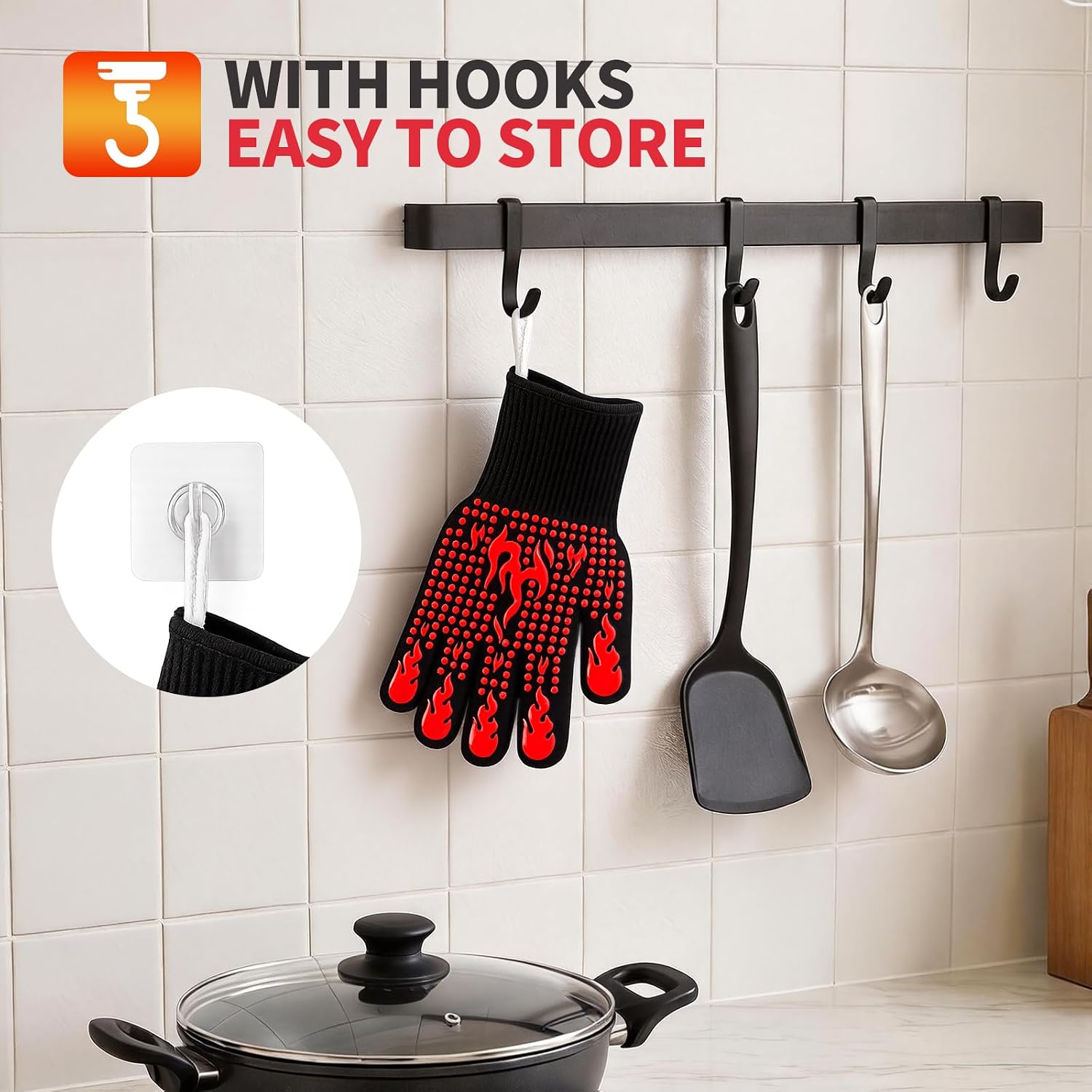 Detalle de BBQ Gloves: 800°C Extreme Heat Resistant Oven Gloves with Fingers (Set of 2)