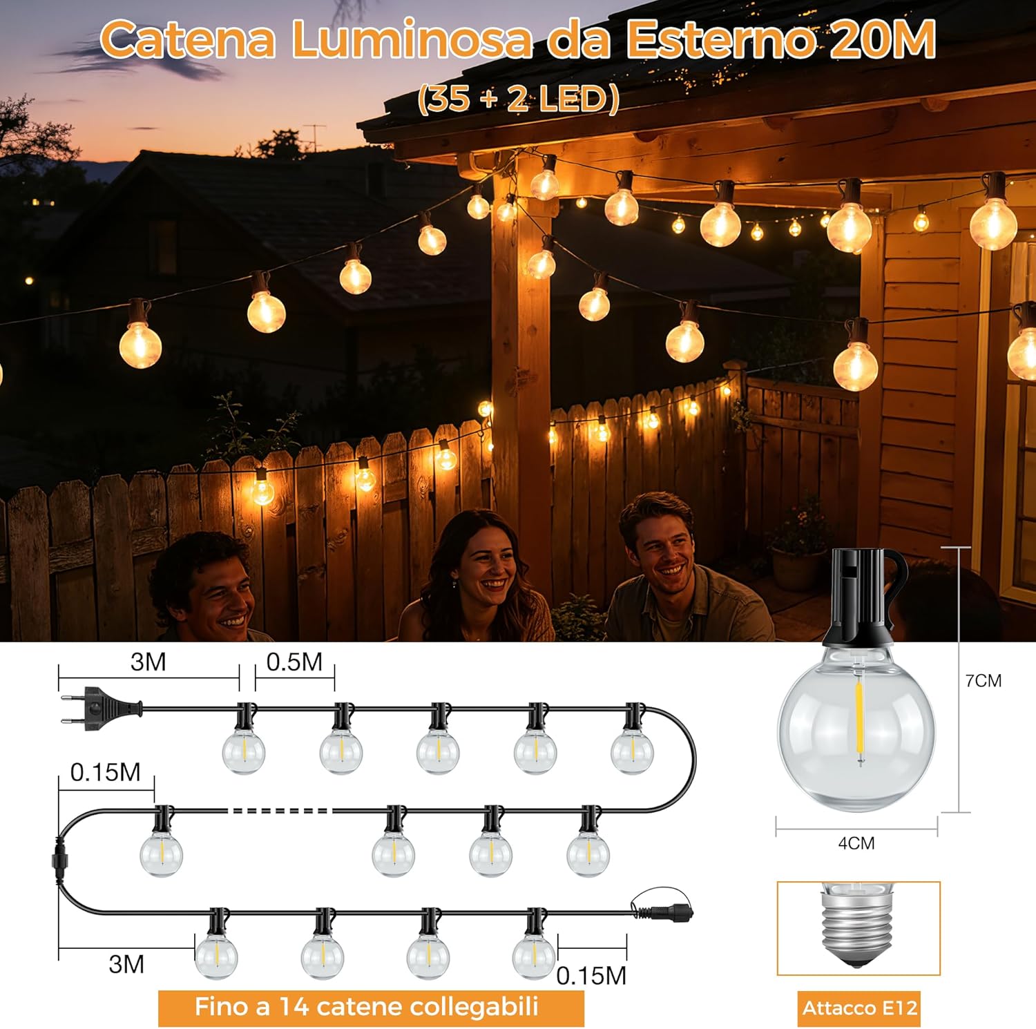 Detalle de HeiPard Catena Luminosa Esterno 20 m con 35+2 LED Bianco Caldo: atmosfera accogliente per giardino e terrazza