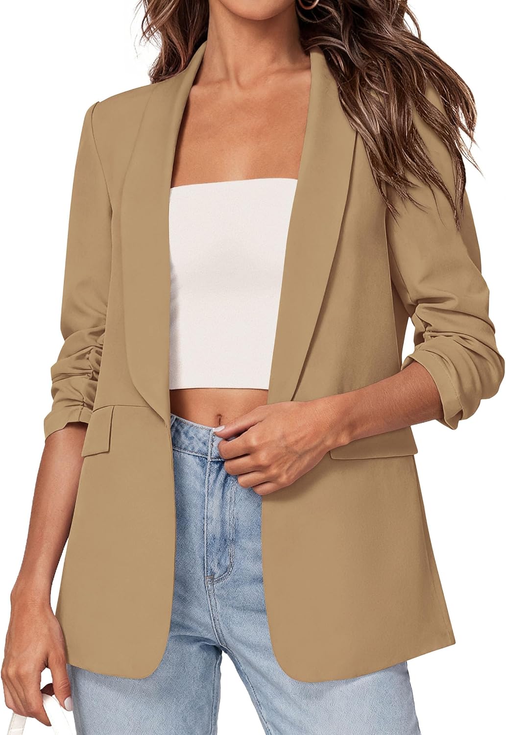Detalle de PRETTYGARDEN Women's Lightweight Blazer with Ruched 3/4 Sleeves