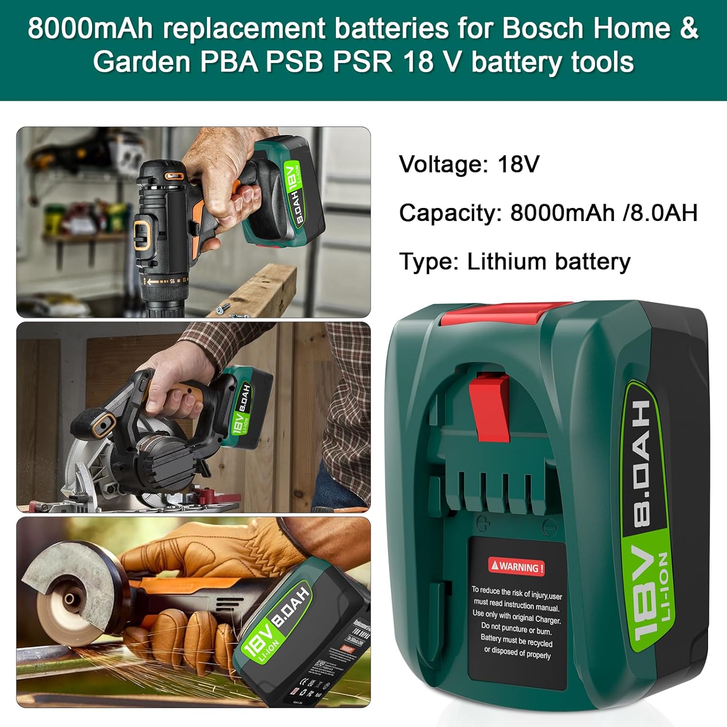 Thumbnail 1 de 2X 8,0 Ah Ersatzakku für Bosch PBA 18V – kompatibel mit 18V Green Tools House & Garden System
