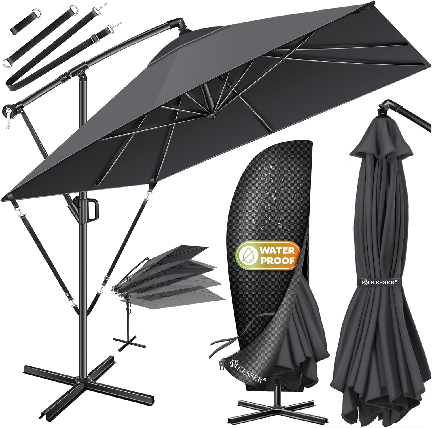 Detalle de KESSER® Kurbelschirm Sonnenschirm 250x250 cm mit Kurbel, 360°-Funktion und UV-/Wasserschutz (Anthrazit)