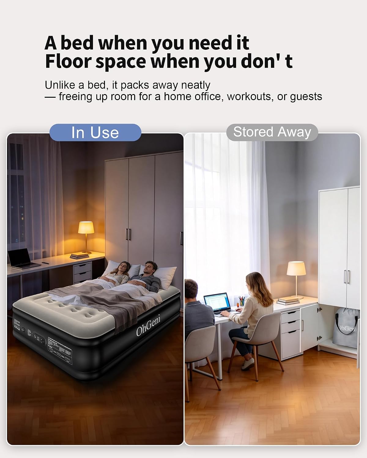 Detalle 2 de OhGeni 20-Inch Full Air Mattress with Built-In Pump, Flocked Top, 600-lb Capacity