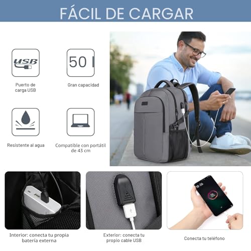 Thumbnail 2 de Mochila impermeable para Portátil 17,3'' WENIG, 50 L, USB y antirrobo – Gris