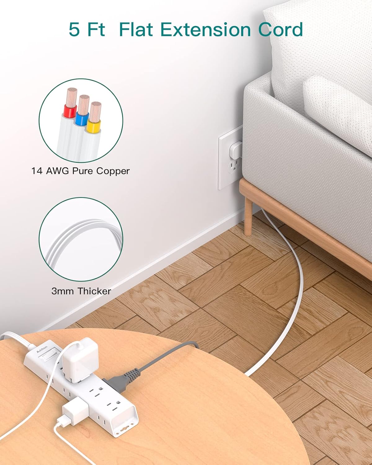 Thumbnail 5 de Addtam Flat Plug Power Strip 12-Outlets 5Ft ๐