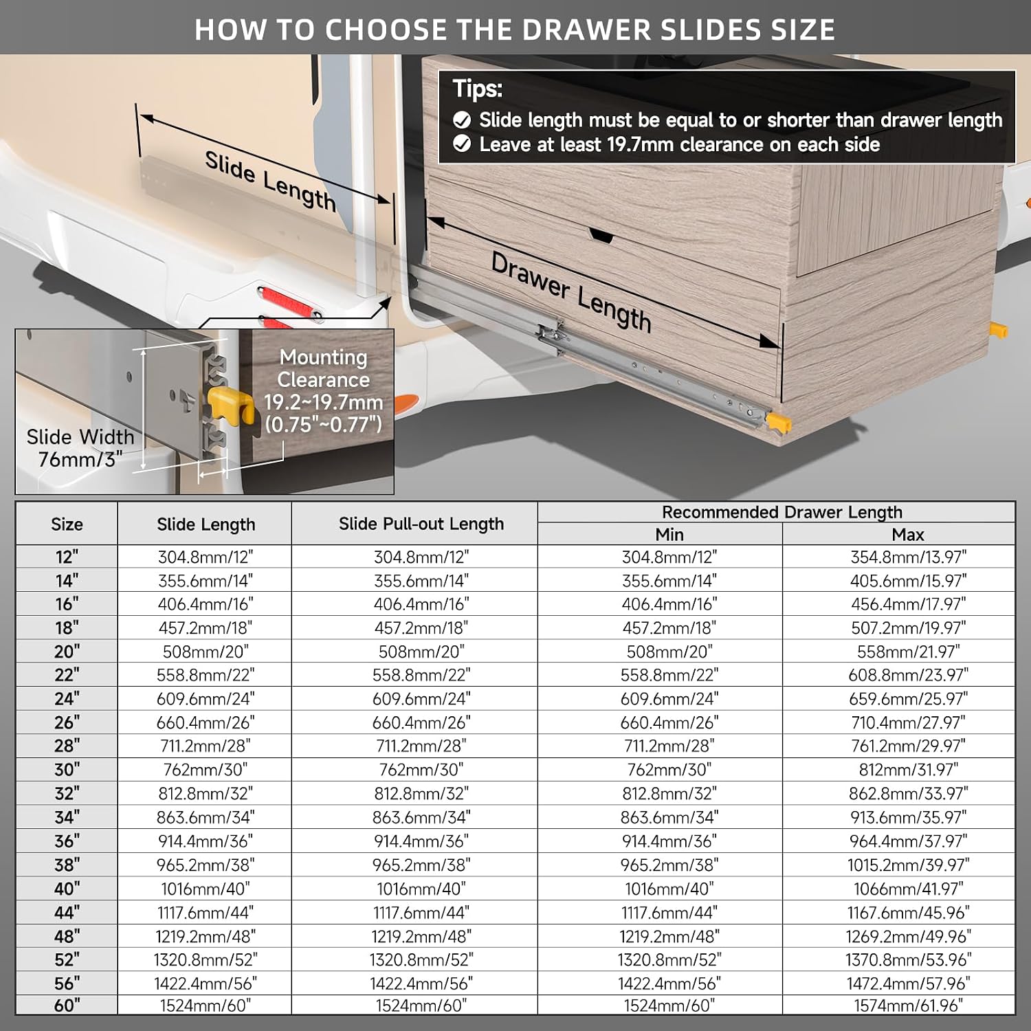 Detalle 2 de AOLISHENG Heavy Duty Drawer Runners with Lock, 210kg load capacity, side mount full extension (24 inch / 600mm) – 1 pair