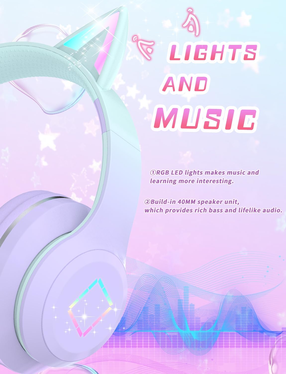 Thumbnail 1 de Cat Ear LED Light Up Kids Headphones Bluetooth 5.1, Foldable