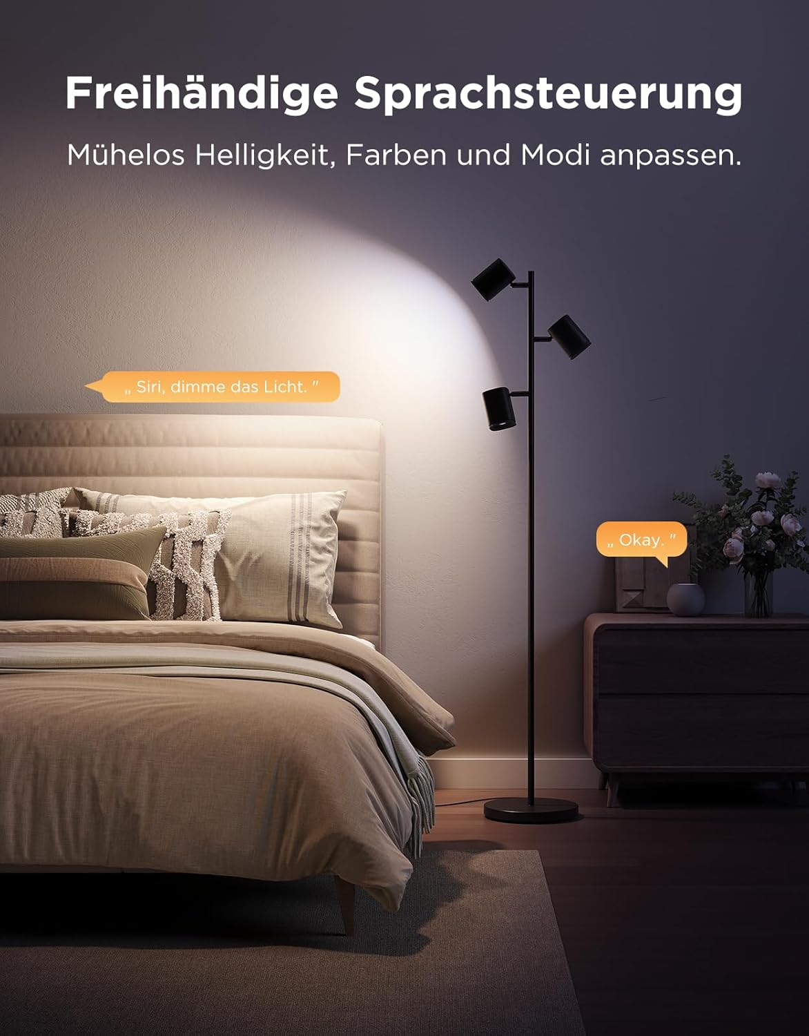 Thumbnail 5 de Govee 3-Flammen LED Stehlampe – RGBWW Fokus-Verstellbar, 1500 lm, Alexa/Matter kompatibel, 64 Szenen, Musiksync, 157 cm, Schwarz