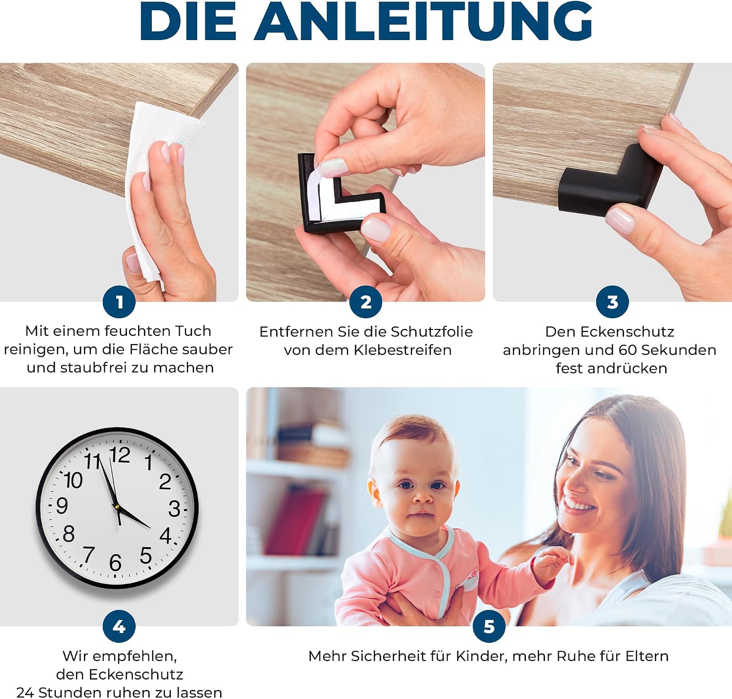 Detalle 2 de Hoffenbach 12x Eckenschutz für Babys & Kinder – selbstklebender Kantenschutz aus NBR-Schaumstoff, schwarz
