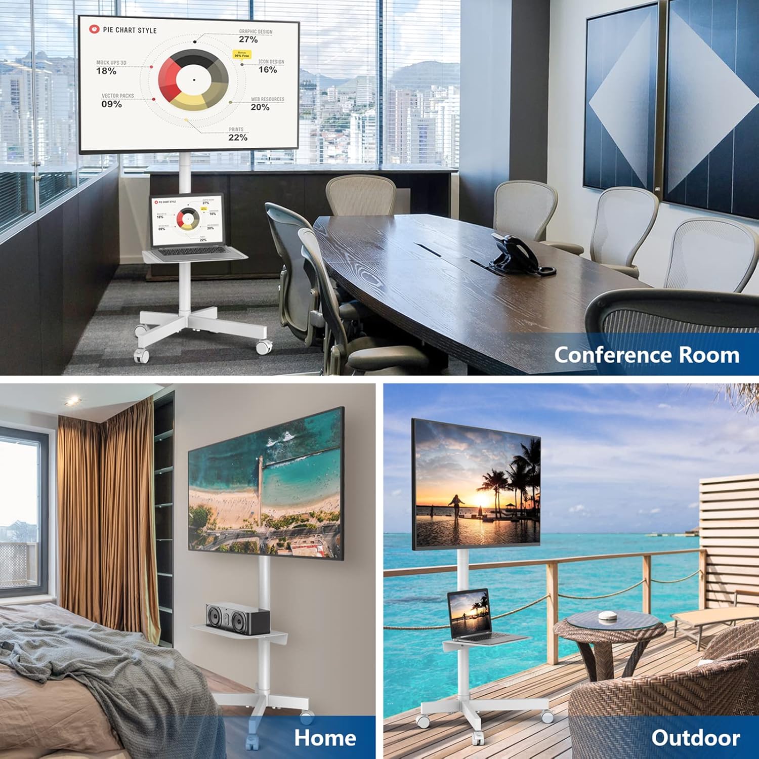 Thumbnail 1 de RFIVER Blanc Pied TV mobile sur roulettes (27 à 60 pouces) réglable en hauteur, charge max 40 kg, VESA jusqu’à 400x400