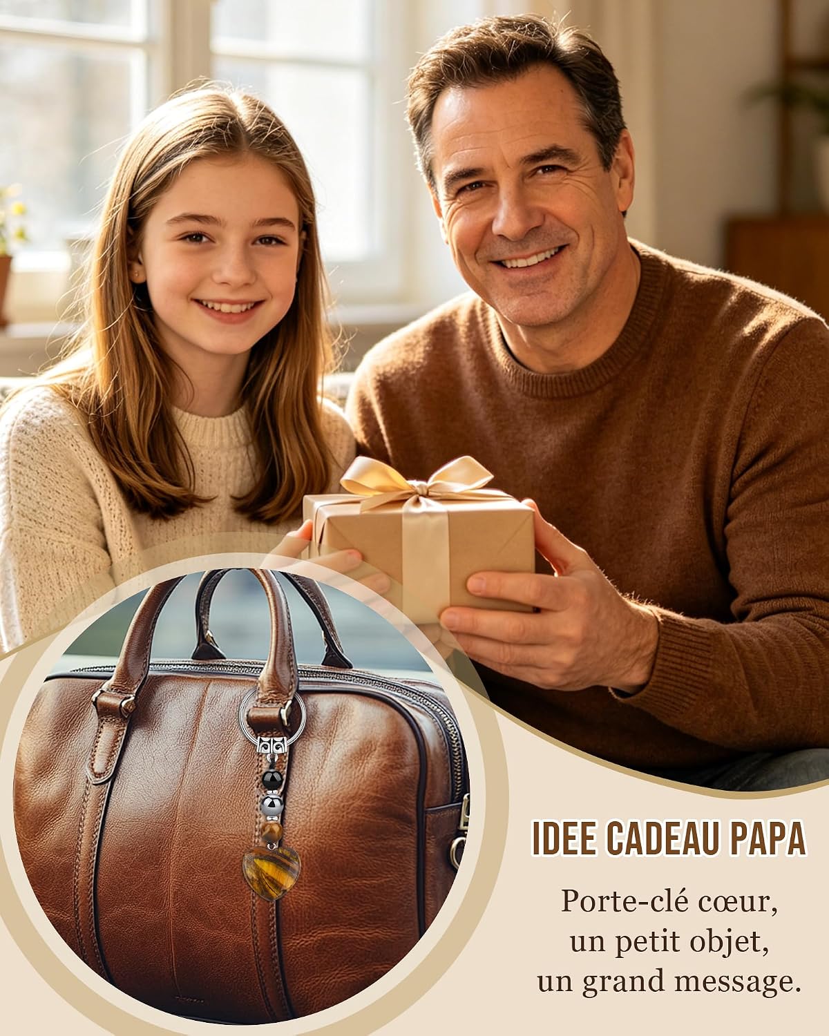 Detalle de Seyaa Cadeau Fete des Peres – Porte-clef Coeur en Œil de Tigre, Pierre Naturelle