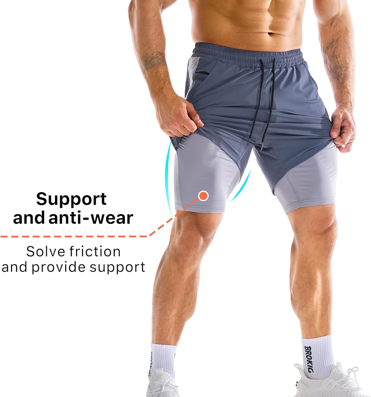 Thumbnail 3 de Brokig Men’s Liner Gym Shorts with Zip Pocket – lightweight double-layer training shorts