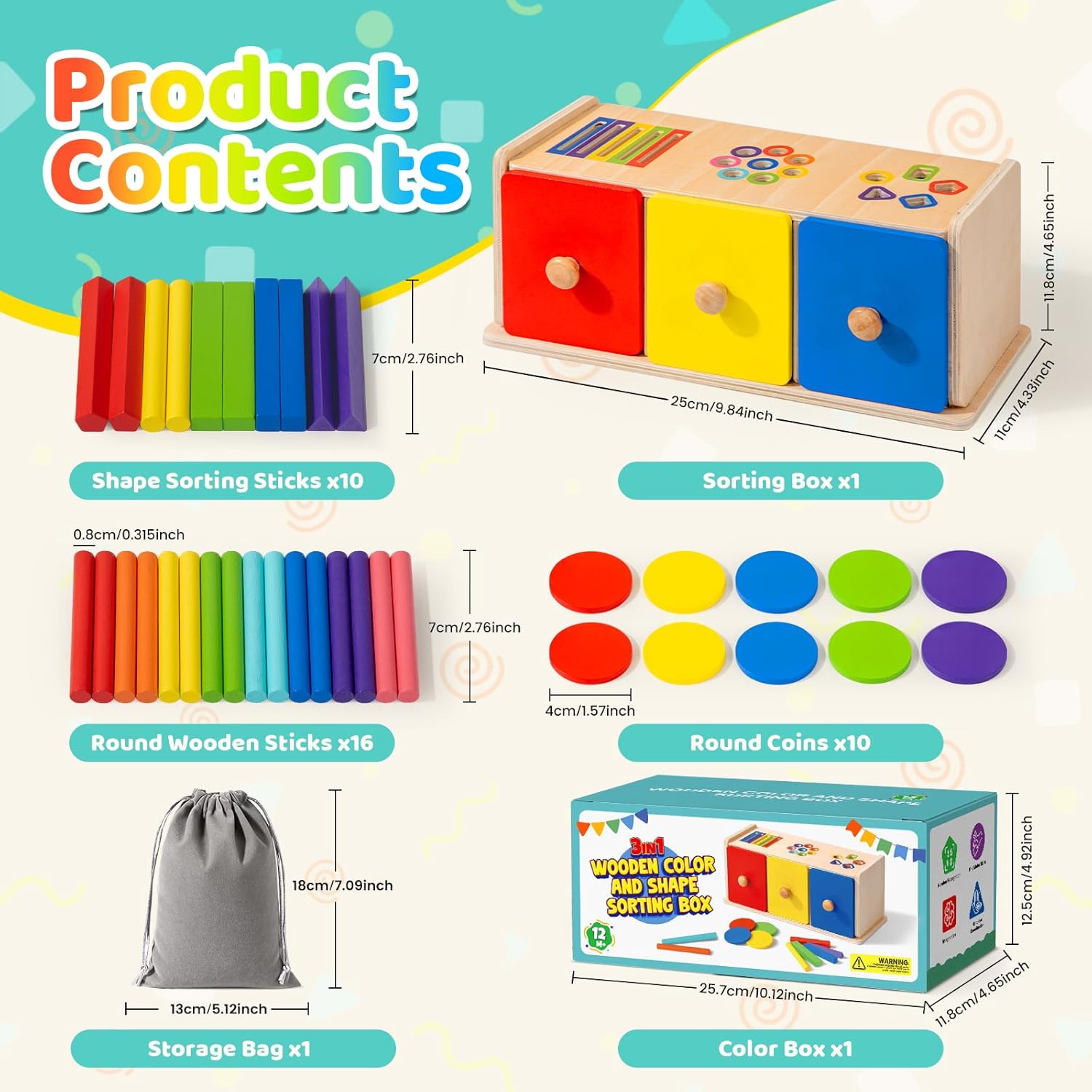 Detalle de WEVOL Montessori Spielzeug ab 1 Jahr – 3-in-1 Sortierbox aus Holz mit Farben- & Formsortierung