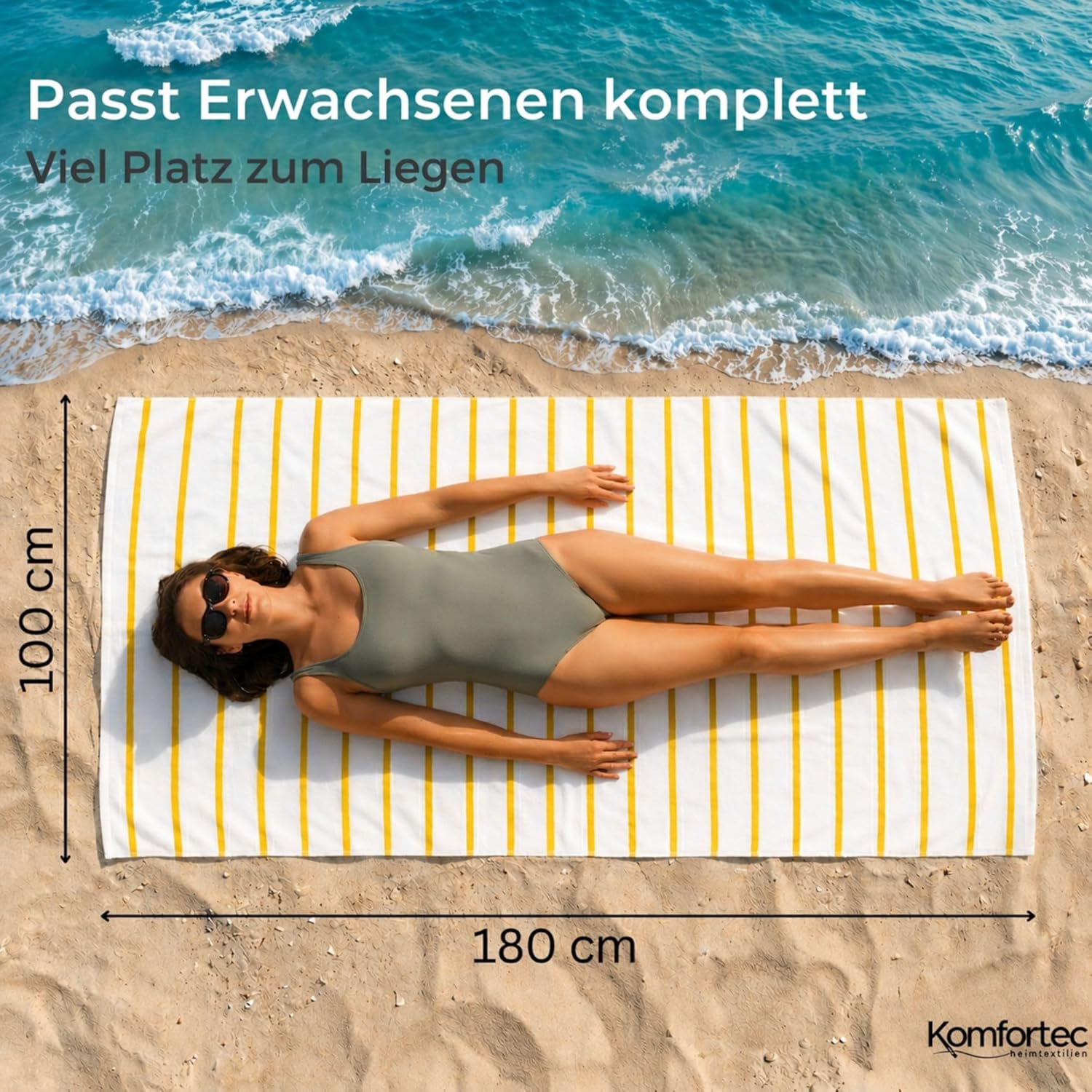 Thumbnail 1 de Komfortec Serviette de Plage 100 x 180 cm en coton à rayures – grand drap de bain, douceur absorbante