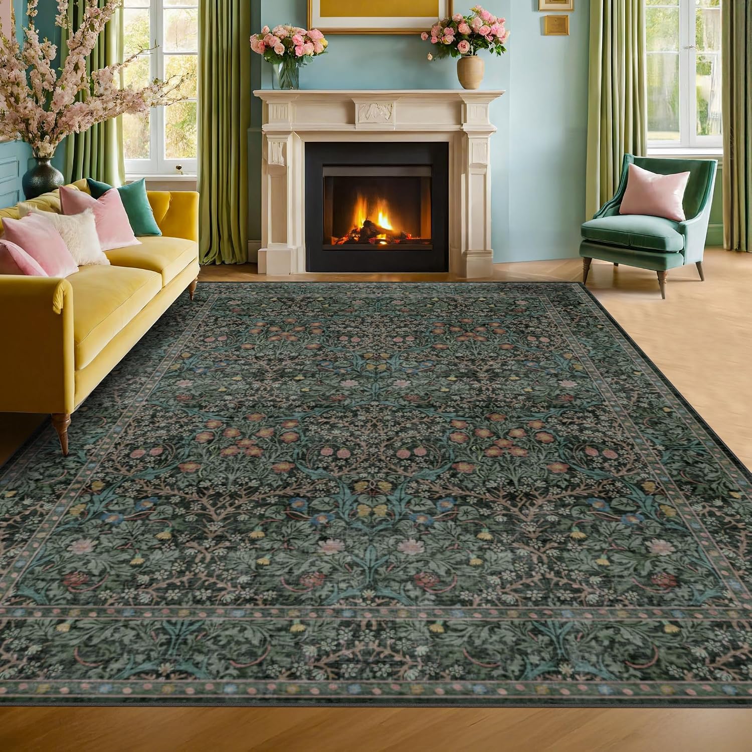 Detalle de Vintage Washable Dark Green 10x14 Rug