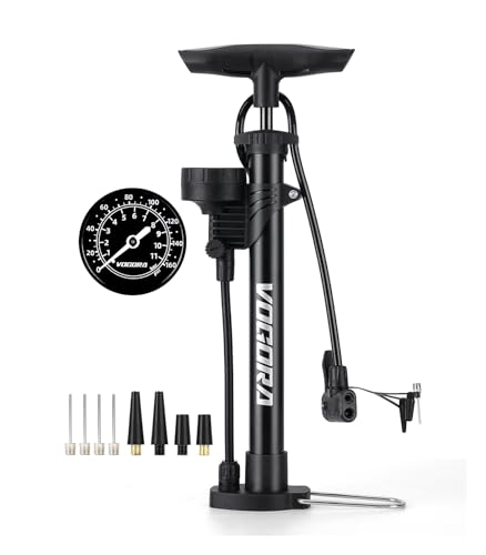 Detalle de VOGORA bomba de bicicleta plegable con manómetro y válvulas Presta y Schrader