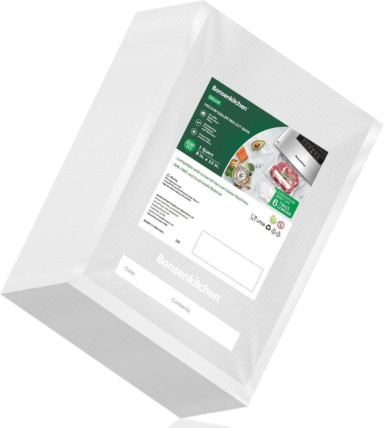 Detalle de Bonsenkitchen VB3208 Vacuum Sealer Bags, 8" x 12", 200 Count, BPA-Free