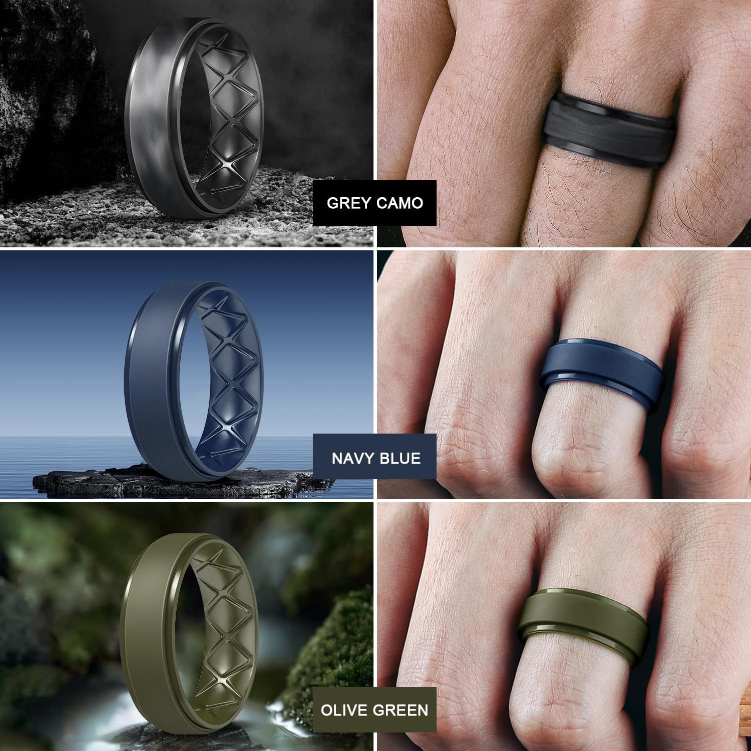 Detalle de Egnaro Men’s Silicone Wedding Band Rings (8.5mm Wide, 2mm Thick) — Ergonomic Breathable Inner Arc, Hypoallergenic