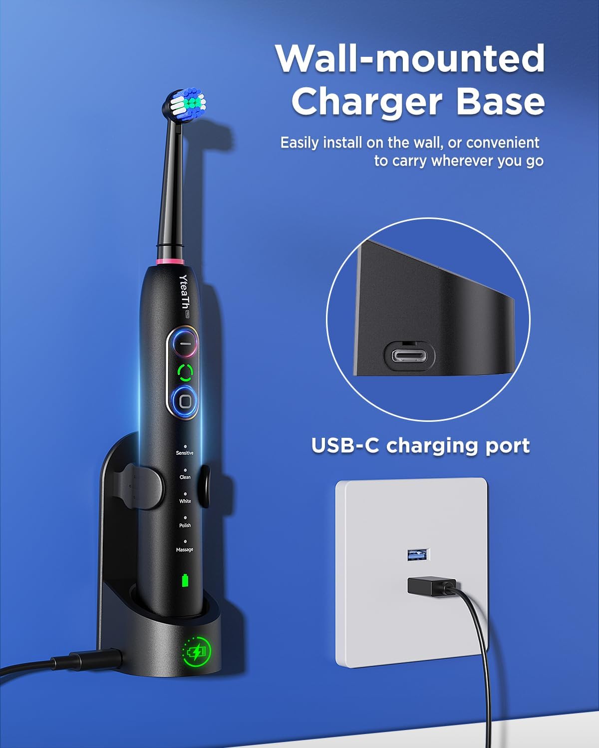 Detalle de Rotating Electric Toothbrush with 8 Brush Heads (2 Types) for Adults | 3 Intensities, 5 Modes, and Wall Charging