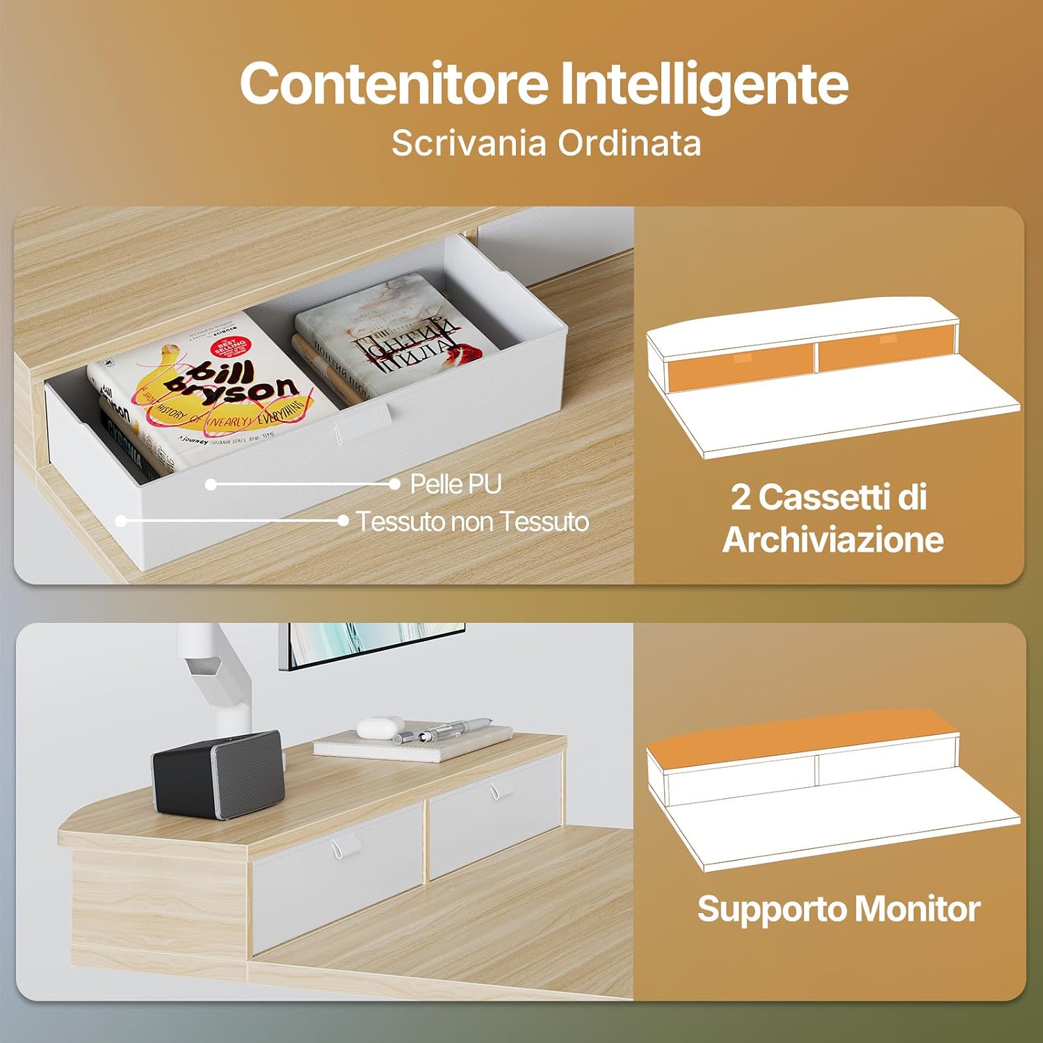 Thumbnail 5 de HUANUO Scrivania Piccola 80 x 53 cm con cassetti: altezza regolabile 72–118 cm e morsetto a C
