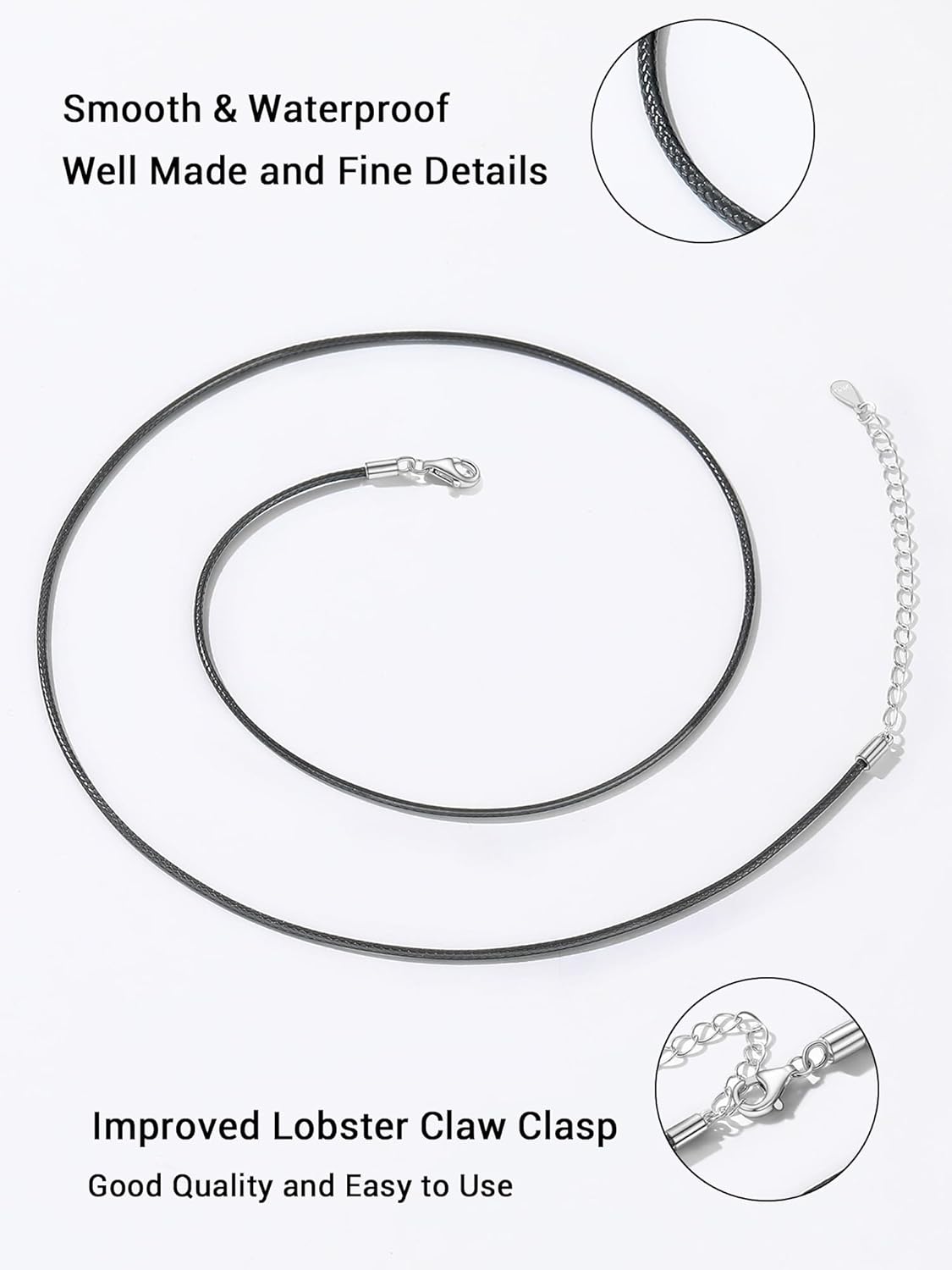 Thumbnail 2 de PROSILVER Collier Cuir Noir avec Fermoir Argent 925 – Longueurs 41 à 71 cm, cordon fin