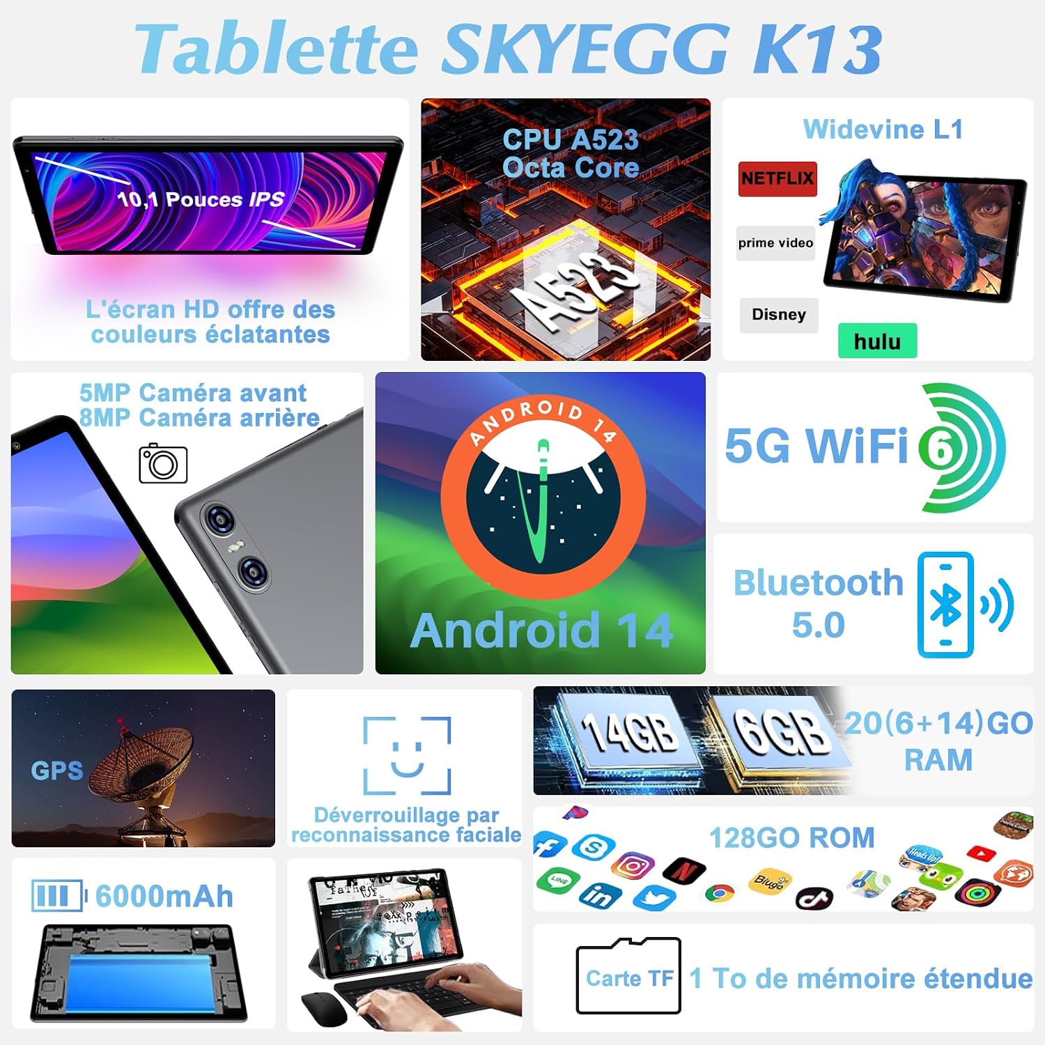 Detalle de Tablette Android 10 pouces K13: 20 Go RAM + 128 Go ROM, extensible jusqu’à 1 To, Wi‑Fi 6, Widevine L1, étui inclus