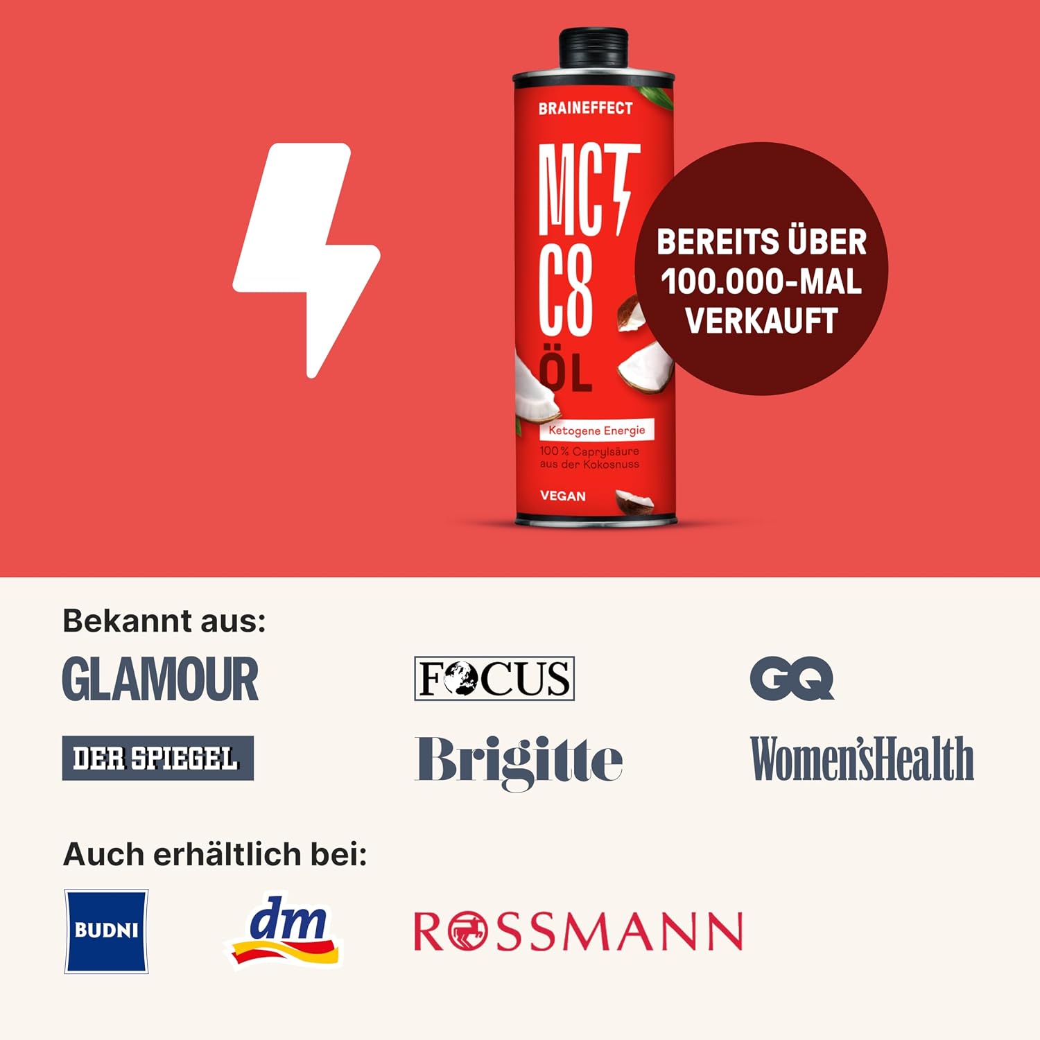 Detalle de Braineffect MCT-Öl C8 aus Kokosöl (Reiner Extrakt), 1 Liter – für Low Carb, Paleo & ketogene Ernährung