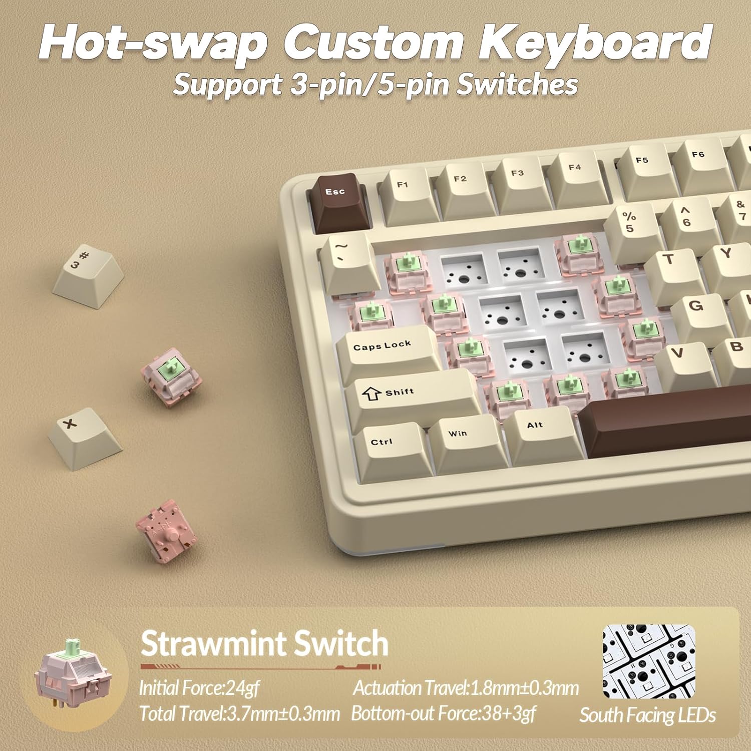 Thumbnail 5 de AULA S75 Pro Gaming Tastatur (75 %) – kabellos per Bluetooth 5.0 & 2,4G, mit Display, Hot Swap und RGB (Milchkaffee)