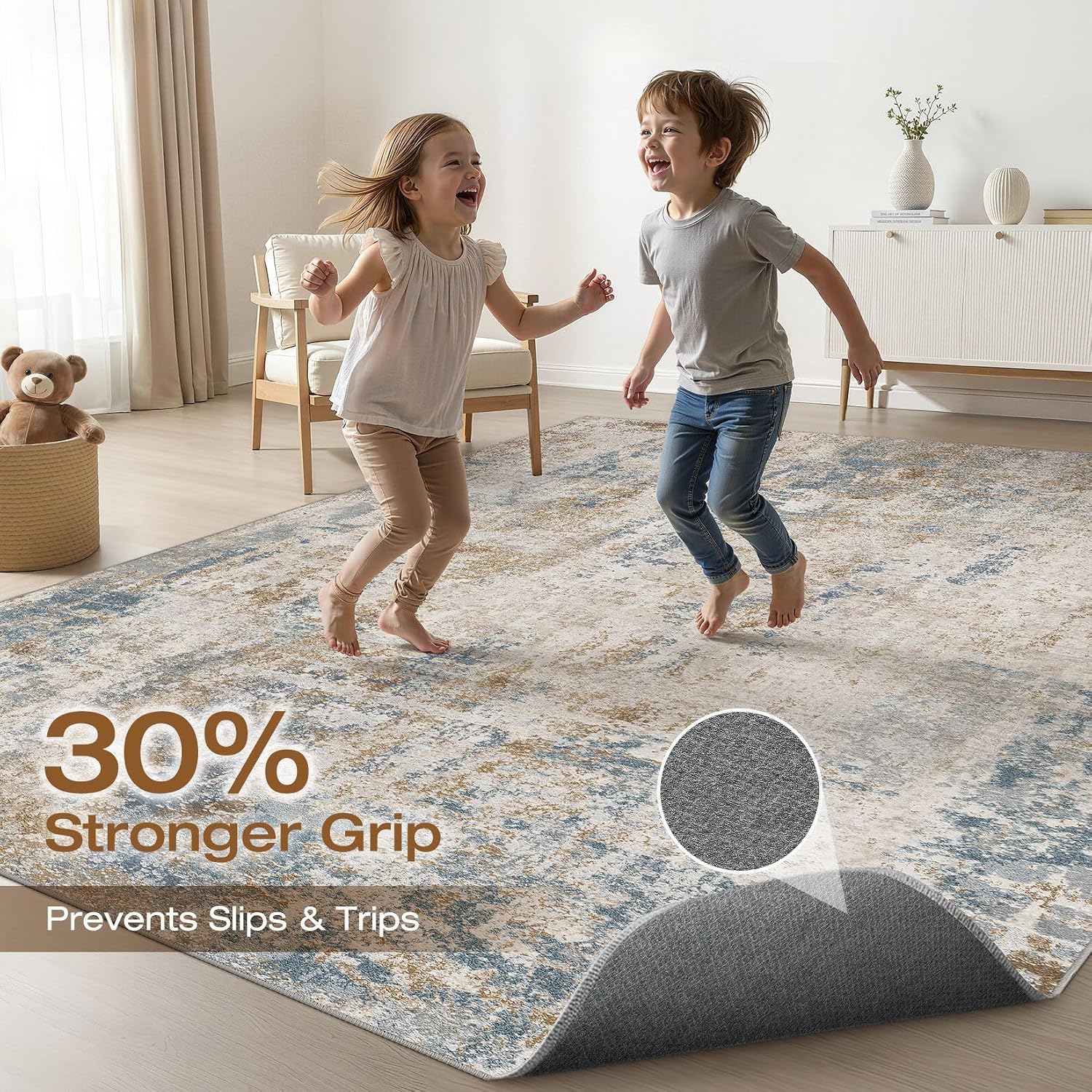 Thumbnail 2 de 7x9 Area Rug Living Room: Washable Large Neutral Rug in Blue/Brown