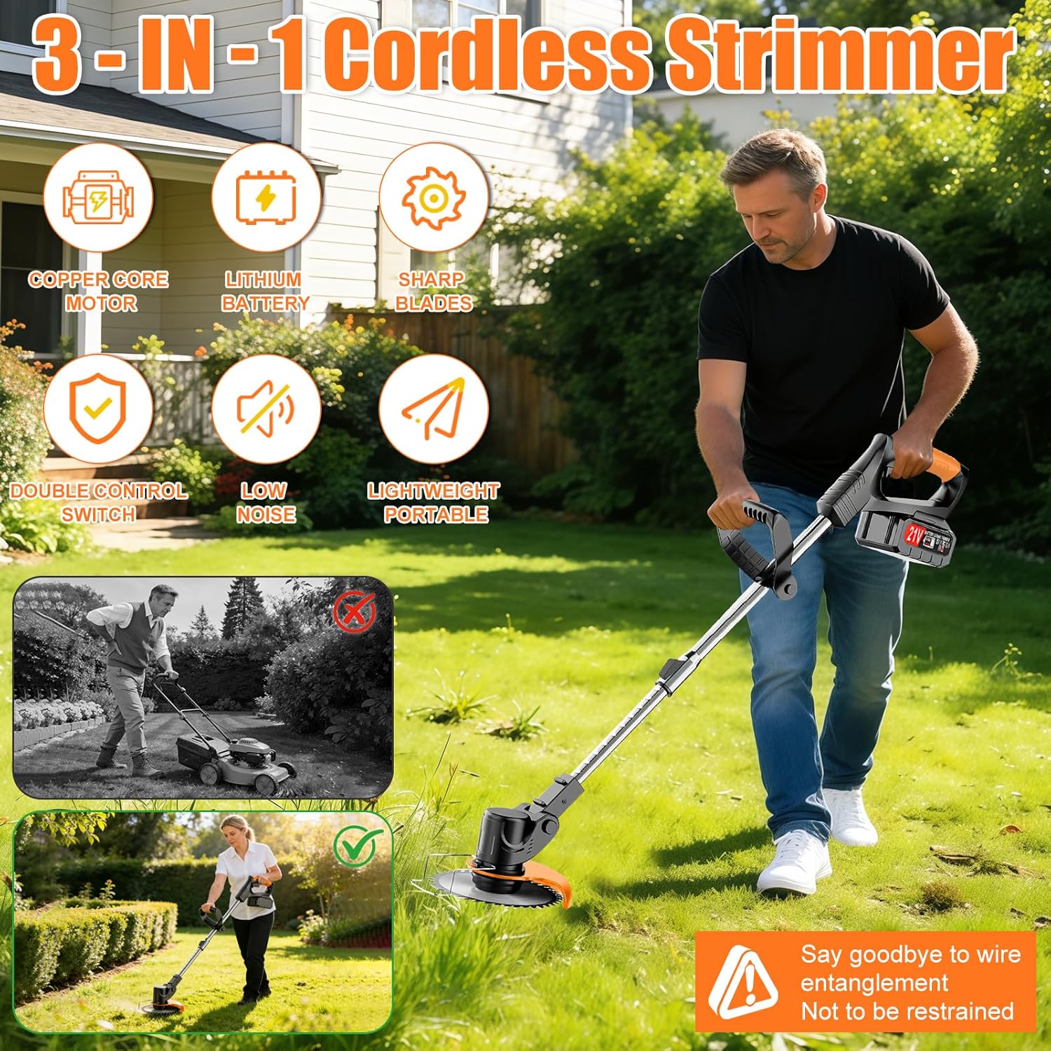 Detalle de Cordless Strimmer 21V Electric Grass Trimmer with 2x2.0Ah Battery – 880W, 12,000 RPM, 15cm Cut, Metal Blades
