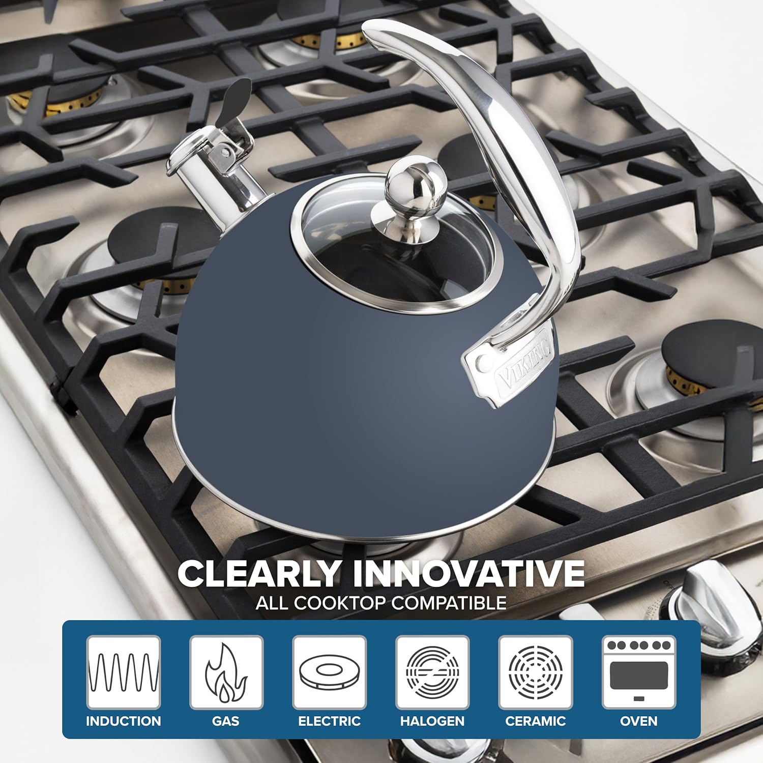 Detalle 2 de Viking 3-Ply Stainless Steel Tea Kettle (2.6 Quart) with Tempered Glass Lid, Induction Ready — Slate and Blue