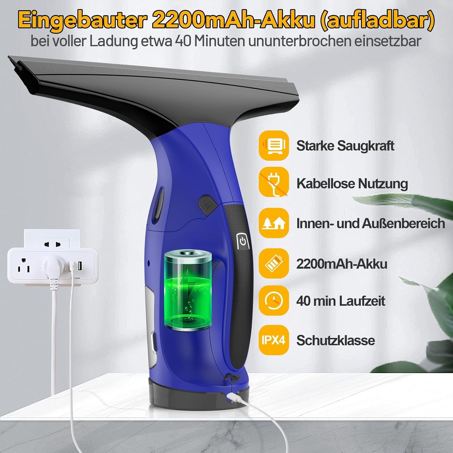 Detalle de Fenstersauger BL – kabelloser Fensterreiniger mit 28 cm & 17 cm Düsen, 40 Min Laufzeit, 270 ml Tank