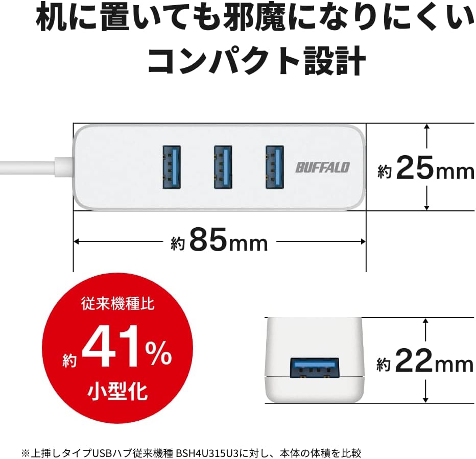 Detalle de バッファロー BSH4U325U3WH USBハブ USB-A 4ポート・USB 3.2 Gen 1・上挿し・マグネット付き ホワイト