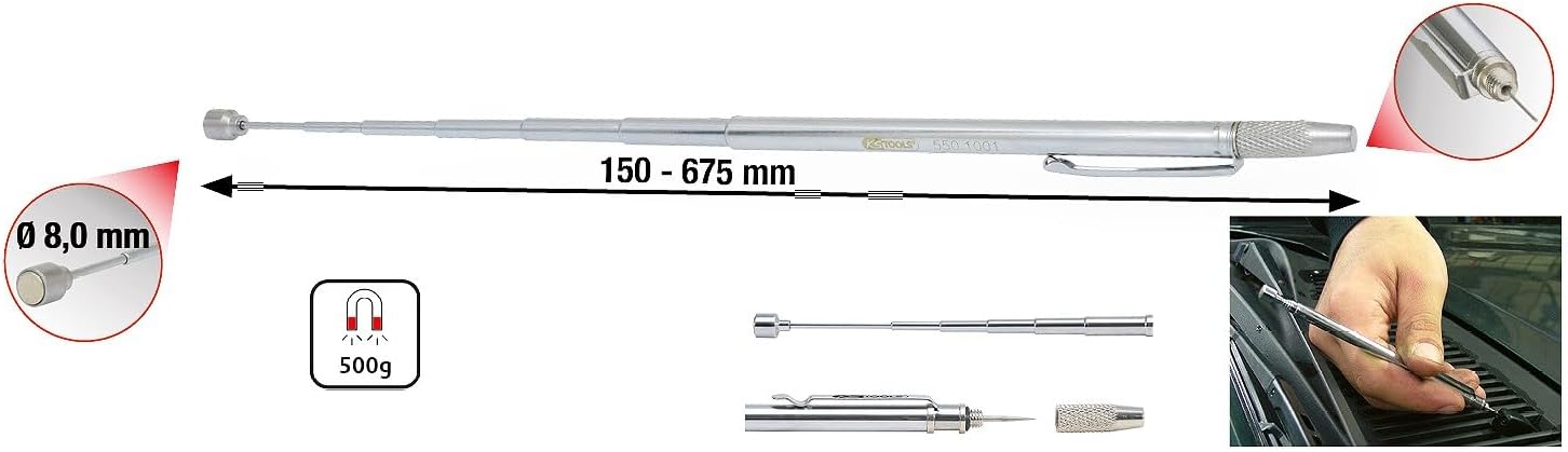Detalle de KS Tools 550.1001 2in1 Teleskop-Magnethalter mit Waschdüsen-Reinigungs- und Einstellwerkzeug, 150-675mm