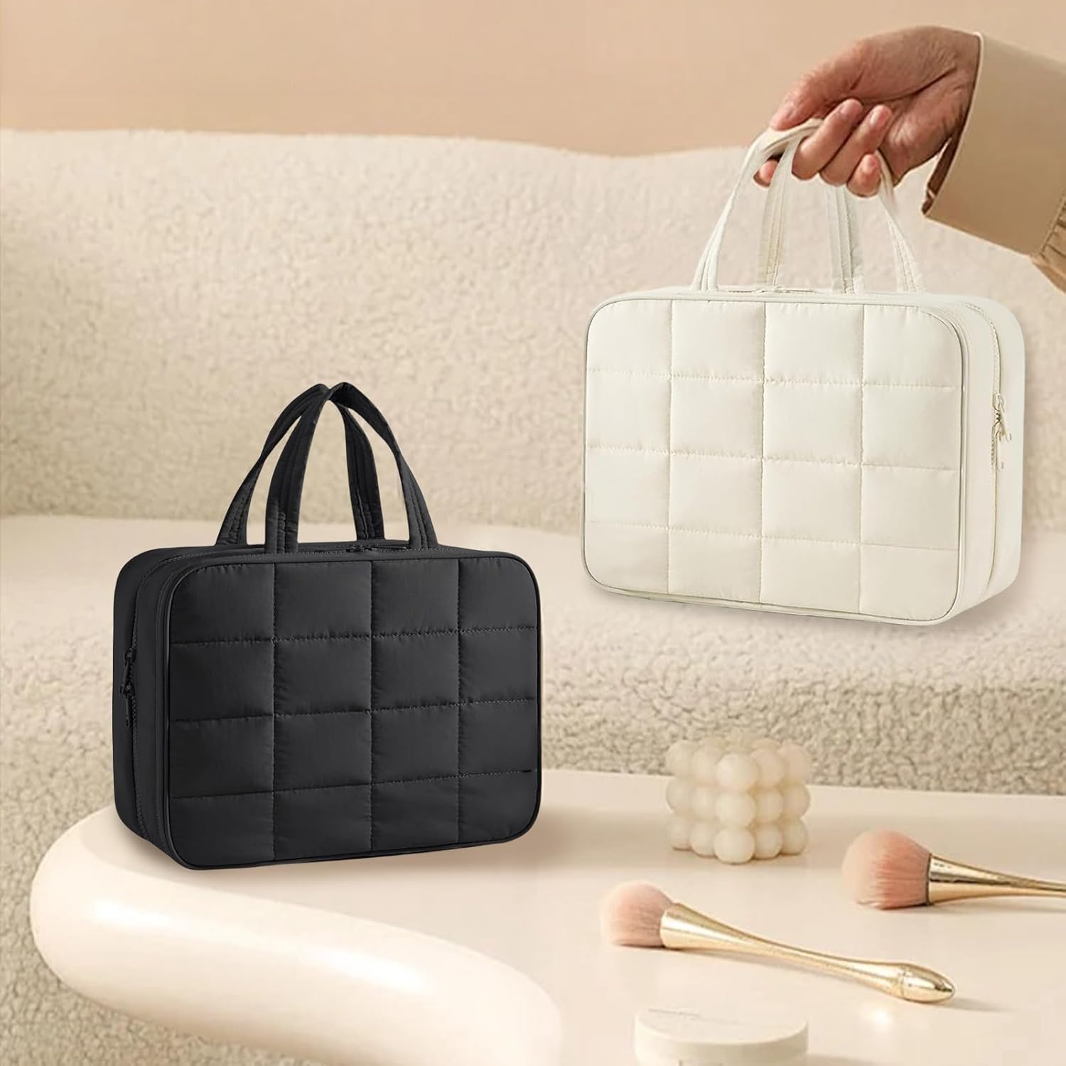 Detalle de Aucuu Trousse de Maquillage Suspendue Grande - Grande Capacité avec Crochet et Compartiments, Beige