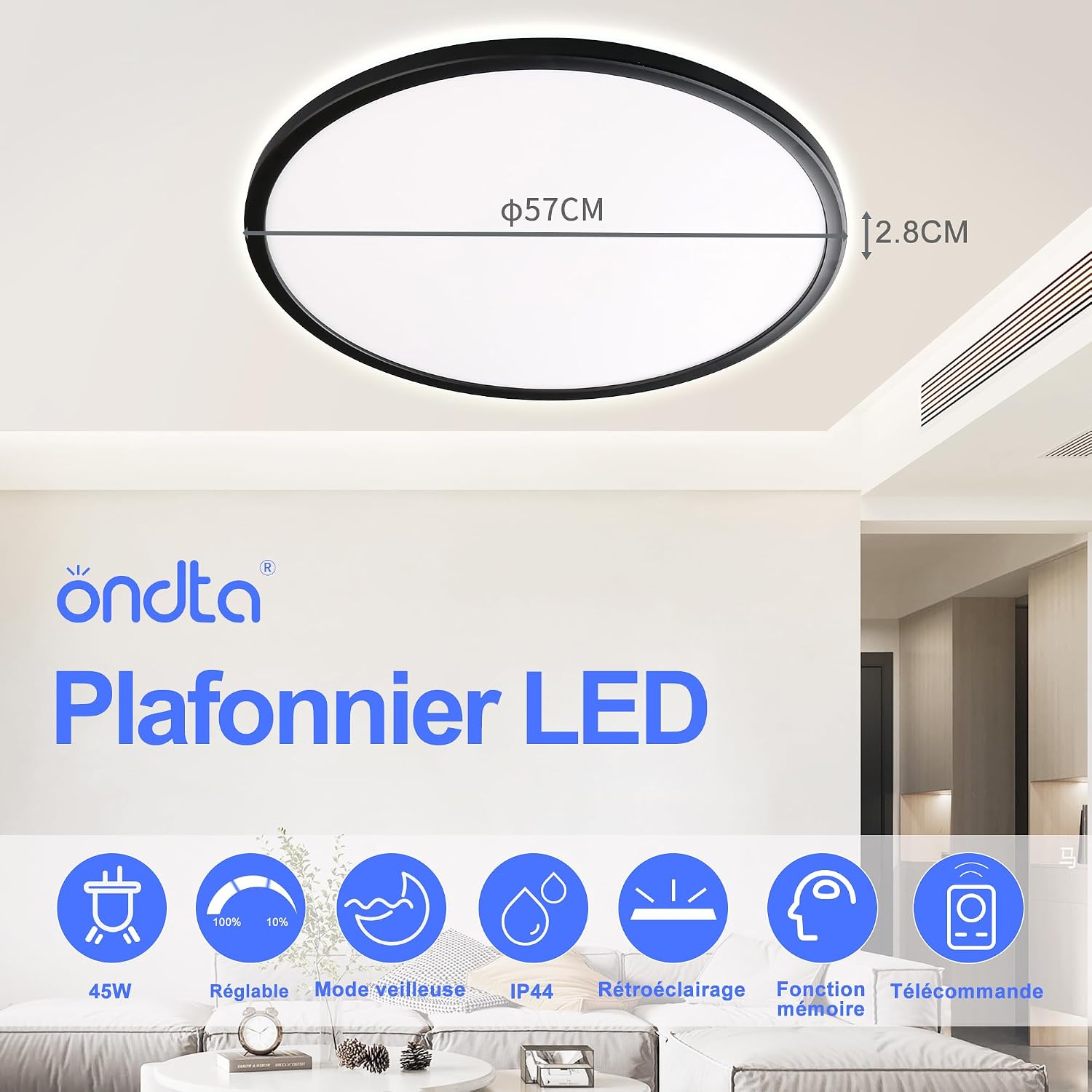 Detalle de ONDTA 45 W ledplafondlamp Ø 57 cm, dimbaar, 6.700 lm en afstandsbediening